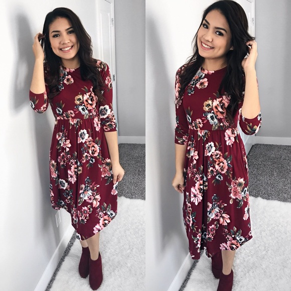 Wine Floral Midi Dress - Picture 1 of 2